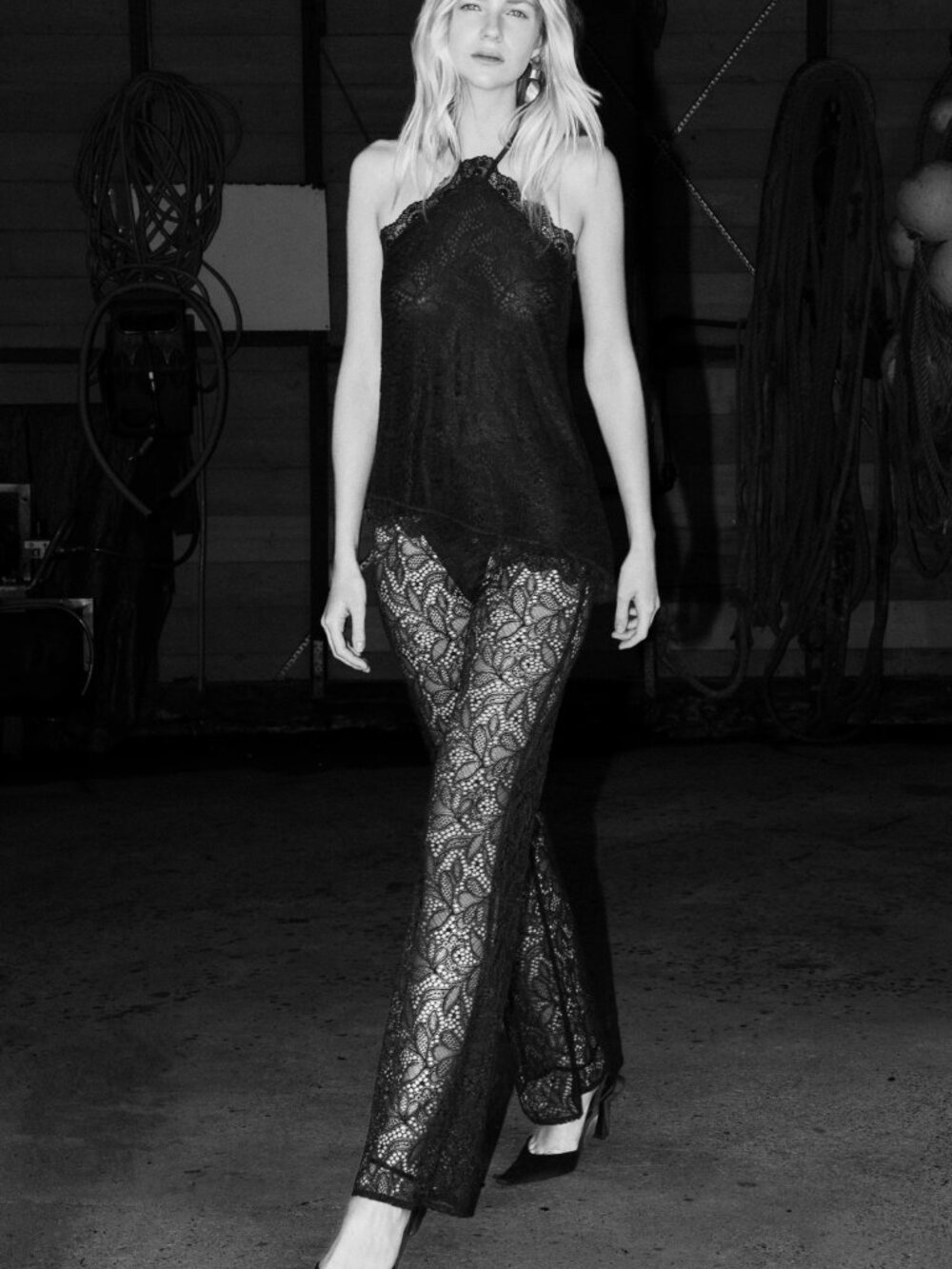 MESHKI Black Lace Sheer Pants Floral Sexy Dinner Going Out Straight Wide Leg